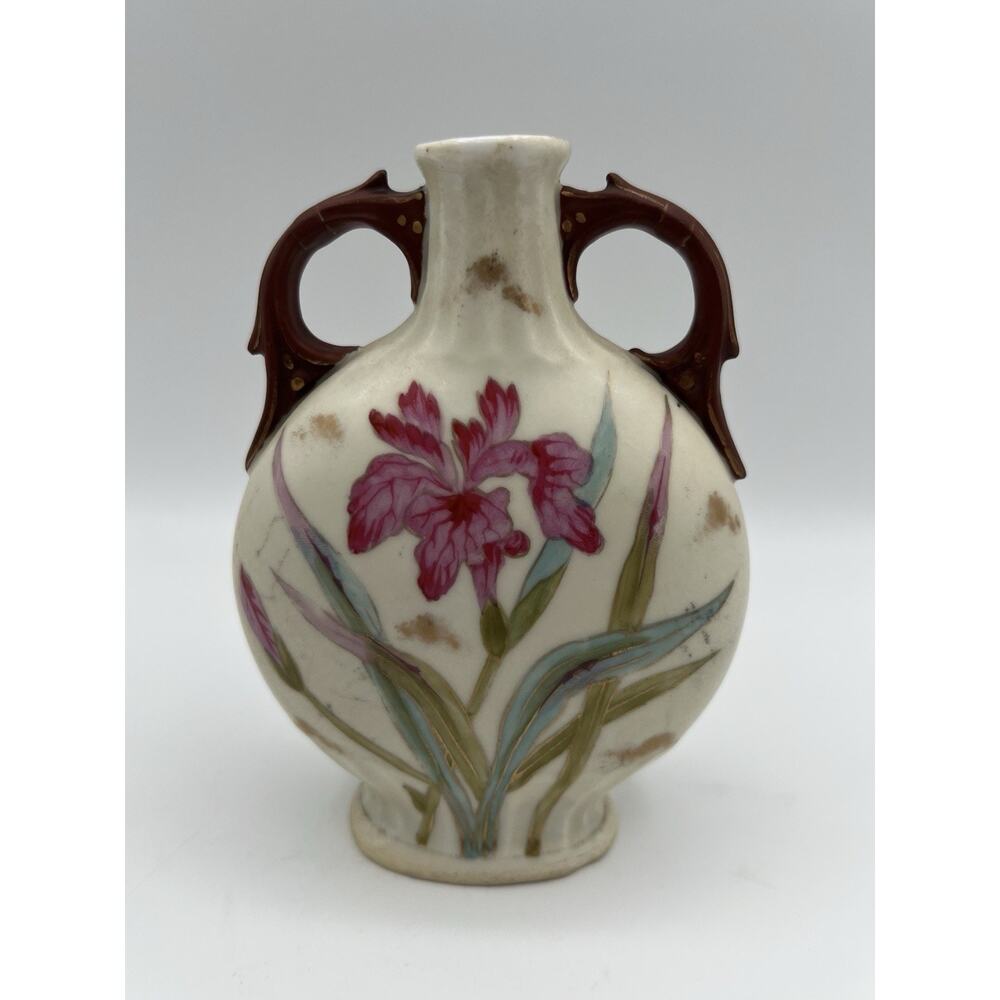 Antique Carlsbad Austria Porcelain Hand Painted Double Handle Floral Bud Vase 6”
